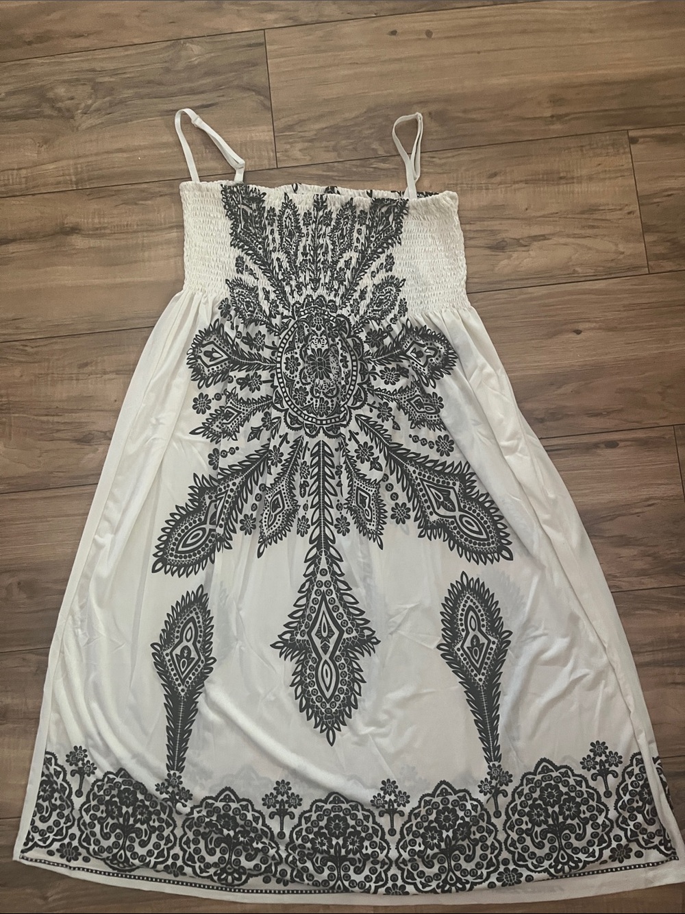 White Spaghetti-Strap/ strapless Midi Dress with Black Paisley Print